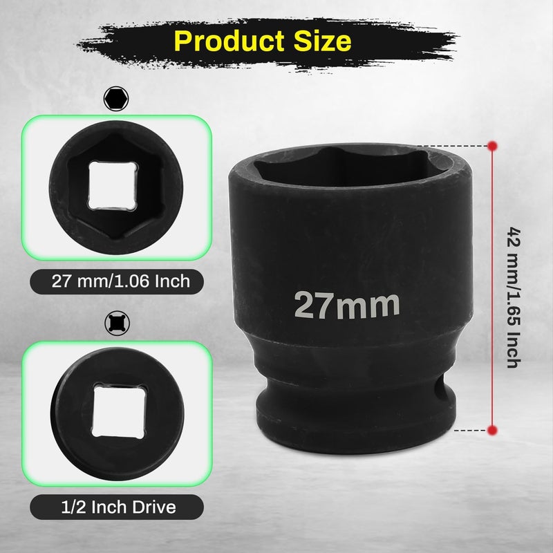 SUNKOO 1/2 Inch Drive 27mm Deep Impact Socket, CR-MO 6 Point Heavy Duty Metric Axle Nut Socket for Easy Removal of Axle and Wheel Hub Nuts - Image 2